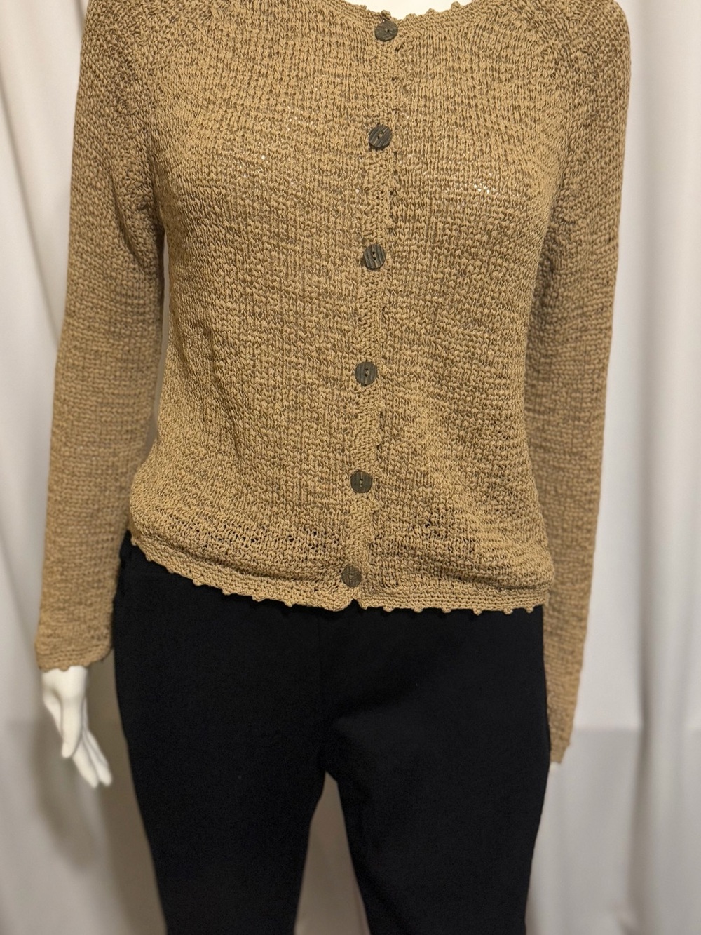 VTG Sigrid Olsen Sport Tan Textured Knit Cardigan Sweater Boho Cottage S